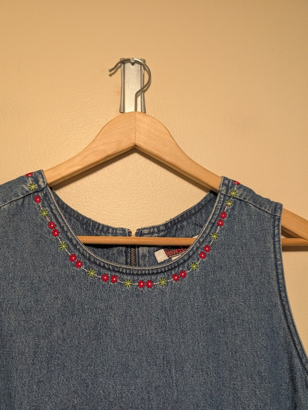 Live a Little Size S Denim Maxi Dress Floral Embroidered 90s Cottagecore - Picture 5 of 7